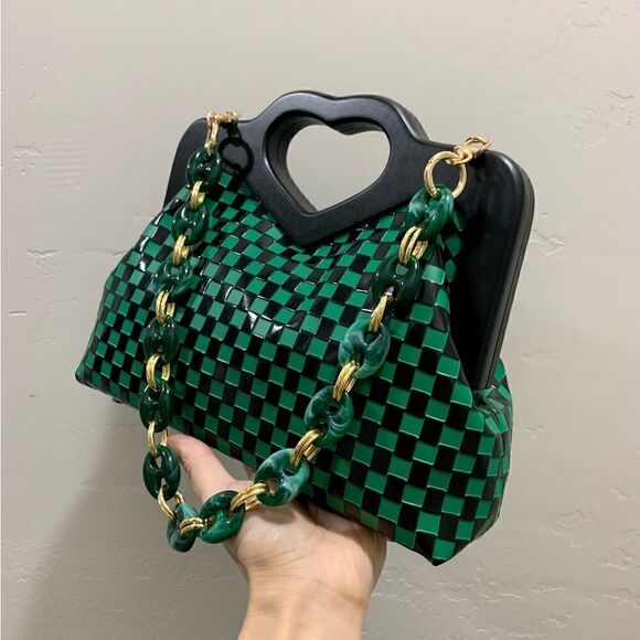 Handmade Genuine Cowhide Check Embossed, Chic Heart Shaped Wooden Frame Satchel - Picture 6 of 16
